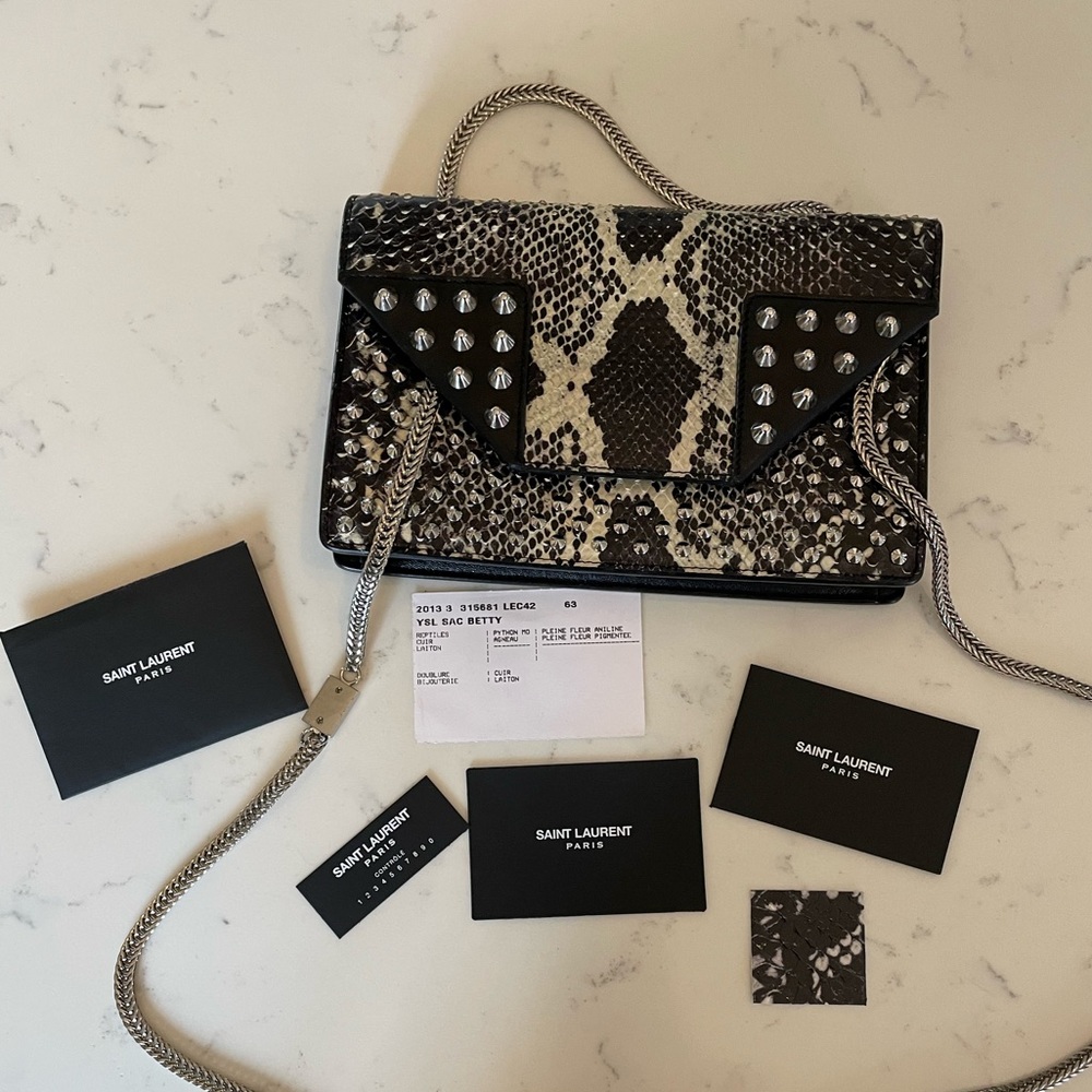 Saint Laurent Paris Black Studded Two Tone Python And Leather Betty Shoulder Bag - Picture 4 of 12